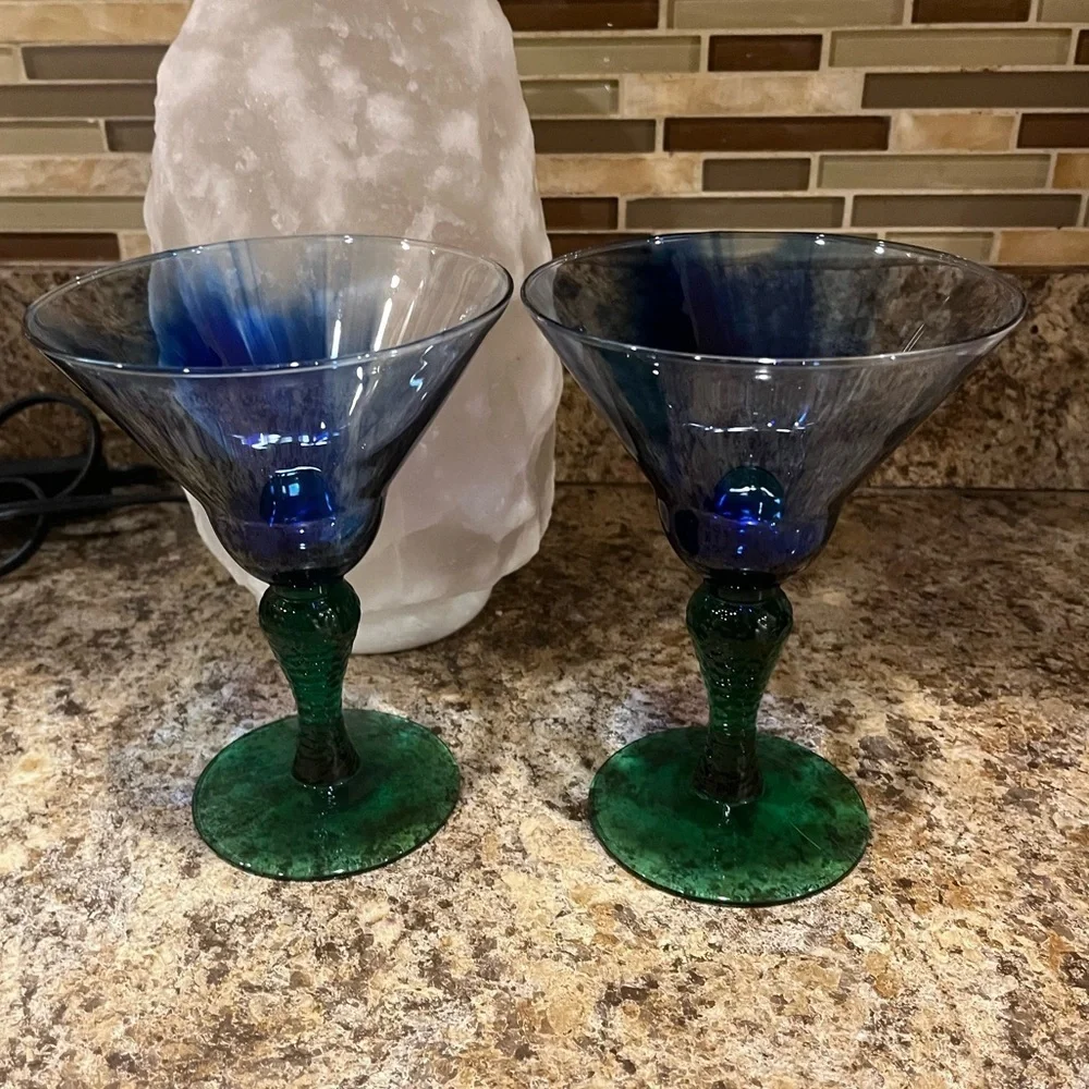 Vintage Libbey Marbleique Blue Swirl and Green Martini Glasses Set of 2